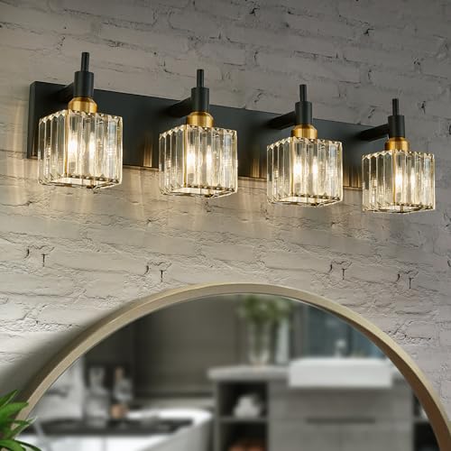 Gold Black Crystal Bathroom Lighting Fixtures, 4 Light Brass Modern Crystal Bathroom Vanity Lights Over Mirror Brass Bath Light - color: Black Gold-Square Shade, size: 4-Light