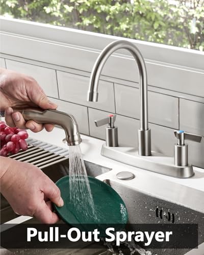 Kitchen Faucet with Side Sprayer, 8 Inch Centerset 4-Hole Nickel | Lead-Free 4-Hole High Arc Kitchen Sink Faucet, 1.8 GPM, 360° Spout - color: Nickel