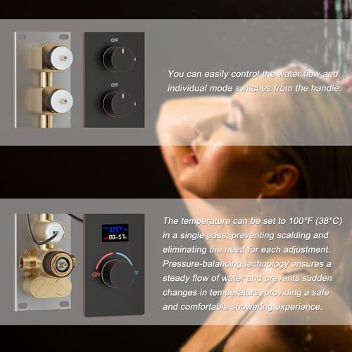Oil Rubbed Bronze Shower System Temperature Display Shower Set | 12 inch and 8 inch Full Body Shower Head, with 6 PCS Body Jet and Handheld Spray - color: Oil Rubbed Bronze, size: 12+8 inch