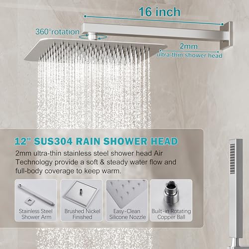 12" Rain Shower System with Handheld & Valve, Brushed Nickel | Wall-Mounted High-Pressure Shower Faucet Combo Set, 12-Inch Rain Shower Head with Handheld Spray,Includes Valve and Trim Kit - color: Brushed Nickel 12