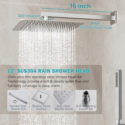 12" Rain Shower System with Handheld & Valve, Brushed Nickel | Wall-Mounted High-Pressure Shower Faucet Combo Set, 12-Inch Rain Shower Head with Handheld Spray,Includes Valve and Trim Kit - color: Brushed Nickel 12