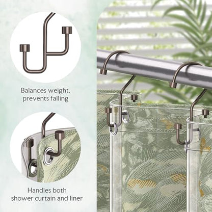 Bathway 12-Pack Double Shower Curtain Hooks, Rust-Resistant Metal Shower Curtain Rings with High-Low Design to Separate Liner & Curtain, Smooth Glide, Bronze - color: Bronze