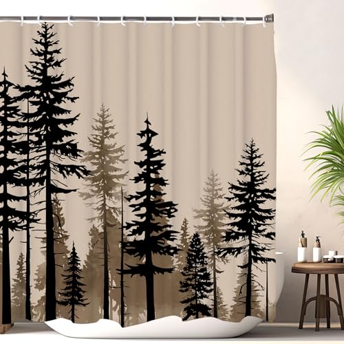 Farmhouse Forest Pine Trees Shower Curtain, Woodland Bathroom Decor 72x72in | Retro Vintage Misty Fabric Shower Curtains Set, Nature Cabin Cottage Rural Bathroom Curtains with Hooks, Brown Black - color: Multi-9, size: 72"W x 72"L (Pack of 1)