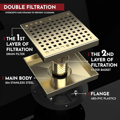 6 Inch Square Shower Drain Gold Floor Drain with Flange Square Holes Pattern Cover Grate Removable SUS304 Stainless Steel Watermark&CUPC Certified Brushed Gold - color: Brushed Gold, size: 6 Inch