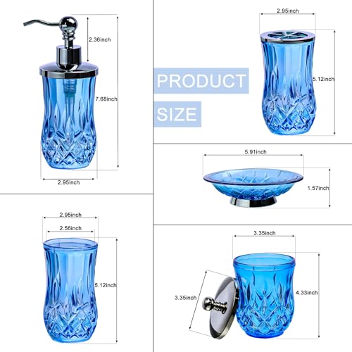 Blue Bathroom Accessories, Round Thick Glass & Metal Pump | Beautiful & weight, 5 pcs soap dispenser, toothbrush holder, soap dish, tumbler & jar, for mission/amish style - style: Round(Blue)