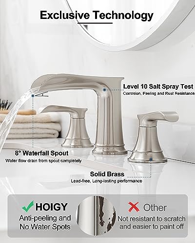 Widespread Bathroom Faucet Brushed Nickel, Brass Waterfall Bathroom Sink Faucet, 2 Handles Bathroom Faucets for Sink 3 Hole, 8 Inch Vanity Faucet for Lavatory RV Guest Room with Pop-Up Drain - color: Brushed Nickel