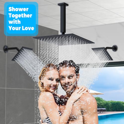 Thermostatic Digital Triple Heads Rain Shower System Can Run Together | Matte Black 4-Function Full Body Shower Faucets Set with 12" + Two 6" Tilted Showerhead and Brass Handheld - color: Matte Black, style: 12” + 6" + 6"