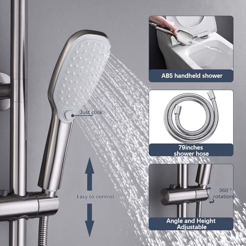 All Metal Shower System with Shower Shelf, SonTiy 9" Rain & Handheld Shower Combo, Adjustable Holder, Brass Diverter 2.5GPM Complete Bathroom Shower Set, Brushed Nickel - color: Brushed Nickel, style: 2.5 Gallons Per Minute-Square