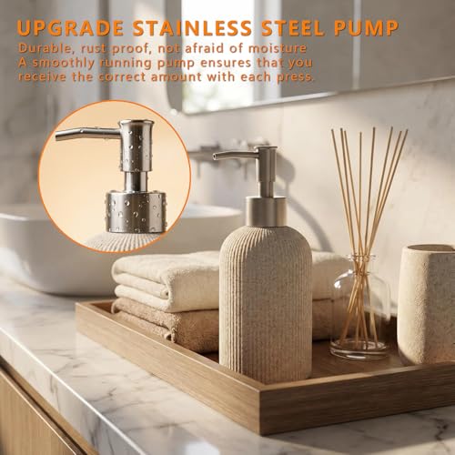 Hand Soap Dispenser with Brushed Metal Pump – Sandstone Resin, Farmhouse Decor for Bathroom & Kitchen, Rust Proof, Sand Beige, 9.5oz