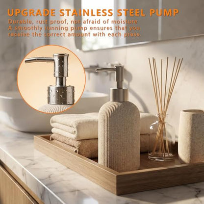 Hand Soap Dispenser with Brushed Metal Pump – Sandstone Resin, Farmhouse Decor for Bathroom & Kitchen, Rust Proof, Sand Beige, 9.5oz