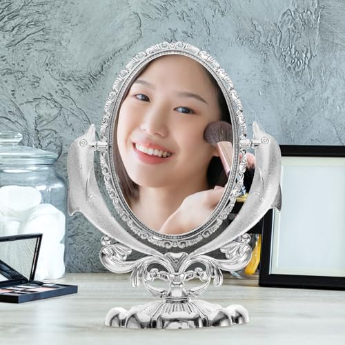COLLBATH Double-Sided Makeup Mirror with Stand for Tabletop Use, Swivel Cosmetic Mirror with Reflection, Silver Plastic and Glass Material, Elegant Design for Dresser or Vanity