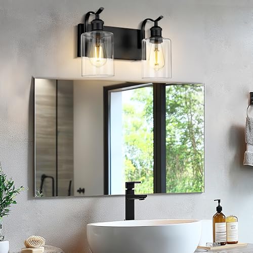 2-Light Black Bathroom Light Fixture Over Mirror, Modern Vanity Light, Clear Glass Wall Sconce, VL01BK-2 - color: Black & Clear Glass, size: 2 LIGHT