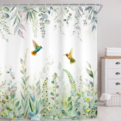 Sage Green Eucalyptus Extra Long Spring Leaves Bathroom Shower Curtain Set | 72"W x 84"H Botanical Plants; waterproof HD print, quick-dry fabric with 12 free hooks for easy hanging. - color: A-sage Green, size: 72"W x 84"L (Pack of 1)