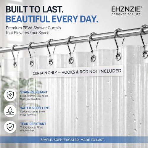 EHZNZIE Crystal Clear Shower Curtain Liner 60x72, PEVA Waterproof Bath Curtain, No Chemical Smell, Weighted Magnets, Durable with 10 Rustproof Metal Grommets - color: Clear, size: 60"W x 72"L (Pack of 1)