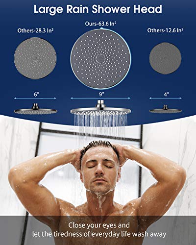 Large Shower Head VMASSTONE 9In High Pressure Showerhead - Tool Free Installation- with Large Spray Surfaces and 200 Nozzles for Delicate and Unstimulate Shower Experience (EM-001 Chrome/Dark Grey) - color: Chrome/Dark Grey
