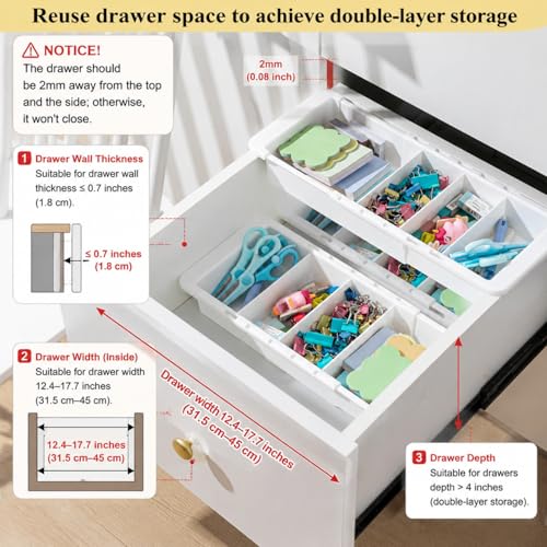 3 Pcs Expandable Drawer Organizer Bins Adjustable Deep Drawer Hanging Organizer Tray Expandable 11.4 to 18.1 Inches Plastic Dividers Storage for Office Bathroom Bedroom Kitchen Desk, White