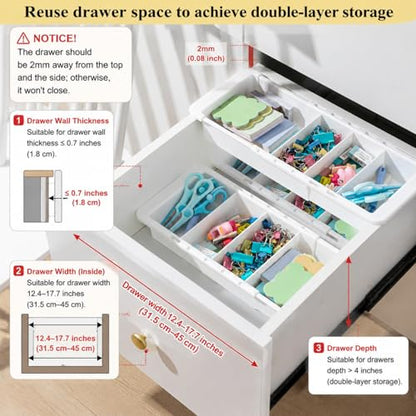 3 Pcs Expandable Drawer Organizer Bins Adjustable Deep Drawer Hanging Organizer Tray Expandable 11.4 to 18.1 Inches Plastic Dividers Storage for Office Bathroom Bedroom Kitchen Desk, White