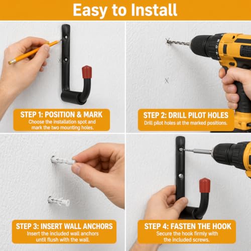 6 Pack Garage Hooks Heavy Duty, Utility Steel Hooks with EVA Foam Padding, 4.64inch Wall Mount J Organizer Hanger for Hanging Bikes Kayak Garden Tool Hose Bike Shelf