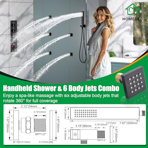 HOMEDEC 14x20inch LED Rainfall Shower System with 6" Wall Mounted Shower Head, 4 Way Thermostatic Diverter Valve, Body Sprays and Handheld, Black - color: Black, style: 4-Way + 1x 6" Top