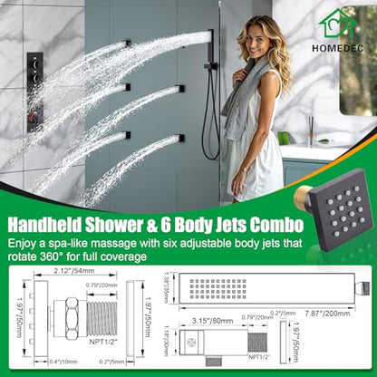 HOMEDEC 14x20inch LED Rainfall Shower System with 6" Wall Mounted Shower Head, 4 Way Thermostatic Diverter Valve, Body Sprays and Handheld, Black - color: Black, style: 4-Way + 1x 6" Top