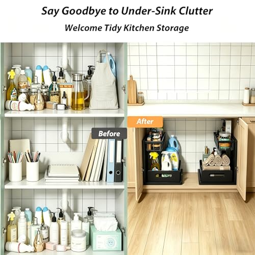 Upgraded Under Sink Organizer, 2 Tier Pull Out Kitchen Cabinet Organizer Metal Slide Out Bathroom Organizers and Storage Makeup Drawer Organizer for Office Bedroom Restroom Livingroom, 1 Pack