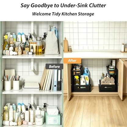Upgraded Under Sink Organizer, 2 Tier Pull Out Kitchen Cabinet Organizer Metal Slide Out Bathroom Organizers and Storage Makeup Drawer Organizer for Office Bedroom Restroom Livingroom, 1 Pack