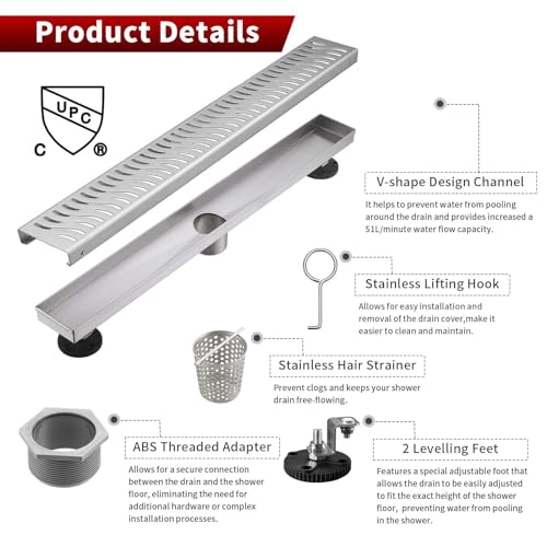 Sharp-tec Linear Shower Drain, 36 inch Shower Drain with Removable Pattern Cover, Brushed Nickel 304 Stainless Steel Rectangle Floor Drain, Adjustable Feet and Hair Strainer Included - color: Brushed Nickel, size: 36 inch