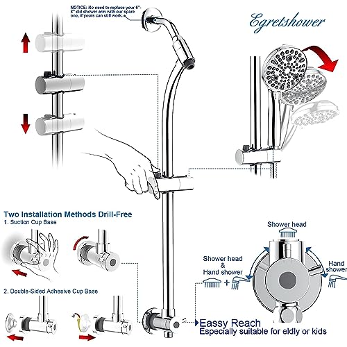 High Pressure Handheld/Rain 82-mode 3-way Shower Head Combo with 25.75" Adjustable Drill-free Stainless Steel Slide Bar, Pet & Tub Power Wash and Anti-clog Nozzles, with 5ft Hose - Polished Chrome - color: Polished Chrome