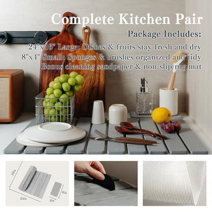 2pcs Stone Dish Drying Mat for Kitchen Counter, Quick-Dry Diatomaceous Earth Water Absorbent Pad & Countertop Drainer, Home Essentials for Bath and Pets - Light Grey, 24x16’’ & 8x4’’ - color: Light Grey