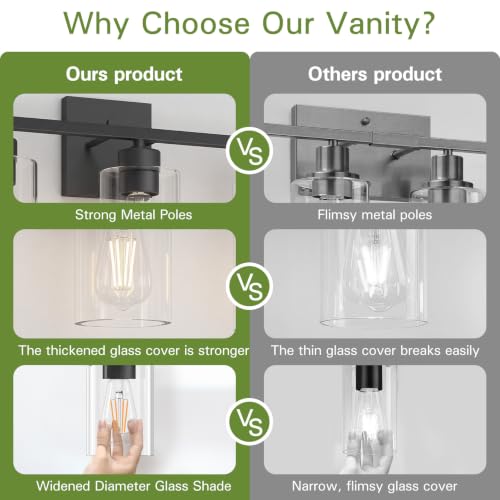 Matte Black Bathroom Vanity Light, 3-Light Vanity Lighting fixtures Over Mirror, Round Design & UL Certification, Wall Sconces with Clear Glass Shades, E26 Socket (Bulbs Not Included) - color: Black-round, size: 3 Light