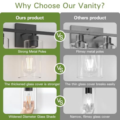 Matte Black Bathroom Vanity Light, 3-Light Vanity Lighting fixtures Over Mirror, Round Design & UL Certification, Wall Sconces with Clear Glass Shades, E26 Socket (Bulbs Not Included) - color: Black-round, size: 3 Light