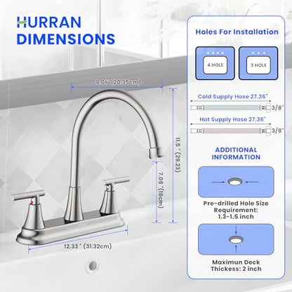HURRAN 2 Handle Kitchen Sink Faucet, 8 Inch High Arc 360°Swivel Kitchen Sink Faucet, 3 Hole Kitchen Faucet Without Side Sprayer, Centerset RV Kitchen Faucet with Stainless Steel Pipe, Nickel - color: Nickel, style: Without Side Sprayer