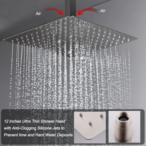 Brushed Nickel Shower System with 3 Rain Shower Head(12+8+8 inch), Handheld Spray, 4 Way Smart Temperature Display Shower Faucet set - color: Brushed Nickel, size: 12+8+8 inch