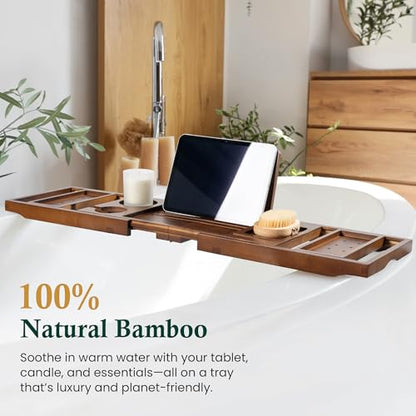 Bamboo Bathtub Tray, Brown Bath Caddy | Wine Glass Holder, Phone Dock, Book Stand, Hands Free Reading, Spa Relax Bath Accessory - color: Modern Brown Bamboo