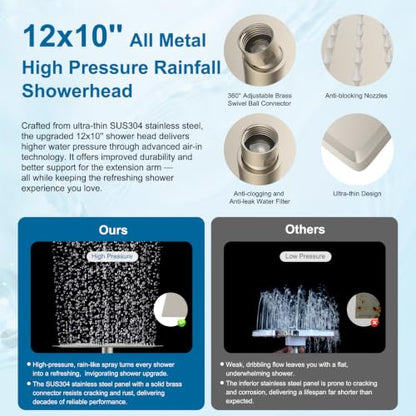 Hibbent Metal 12" High Pressure Rain Shower Head Combo, Brushed Nickel | cUPC Certified Rainfall Shower Head with handheld 10 Sprays, 16'' Adjustable Extension Arm, 71'' Hose, Showerhead Holder - color: Brushed Nickel, style: Square 12''