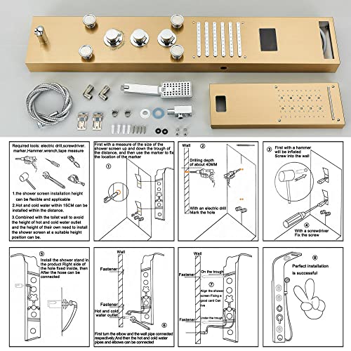 LED Rainproof and Waterfall Shower Panel Tower rain Massage System Body Jet Gold