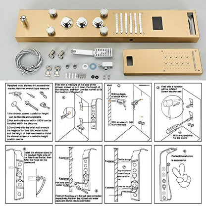 LED Rainproof and Waterfall Shower Panel Tower rain Massage System Body Jet Gold