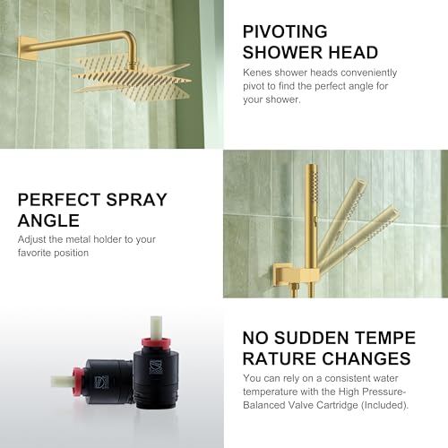 KENES Brushed Gold Square Rainfall Shower System Faucet Set with Handheld | Shower Faucet with 10-Inch Rain Shower Head, Square Shower System, Valve Included, Lead-Free cUPC & NSF Certified, Stainless - color: Brushed Gold, style: Showerhead and Handheld
