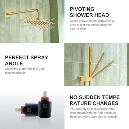 KENES Brushed Gold Square Rainfall Shower System Faucet Set with Handheld | Shower Faucet with 10-Inch Rain Shower Head, Square Shower System, Valve Included, Lead-Free cUPC & NSF Certified, Stainless - color: Brushed Gold, style: Showerhead and Handheld