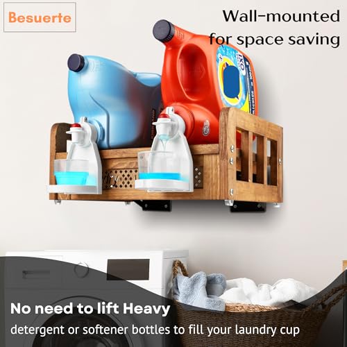 Wooden Wall Mount Laundry Detergent Holder, Nut Brown | Farmhouse Wooden Organizer, Holds 2 Detergent or Softener Bottles, Laundry Room Storage - color: Nut Brown