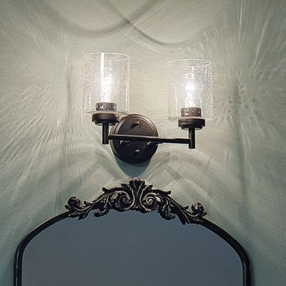 Kichler Winslow 2-Light Farmhouse Vanity Light, Black | Clear seeded glass vanity light with industrial styling (12.75" x 9.25" x 6.5"), 45885BK - color: Black, size: 13"