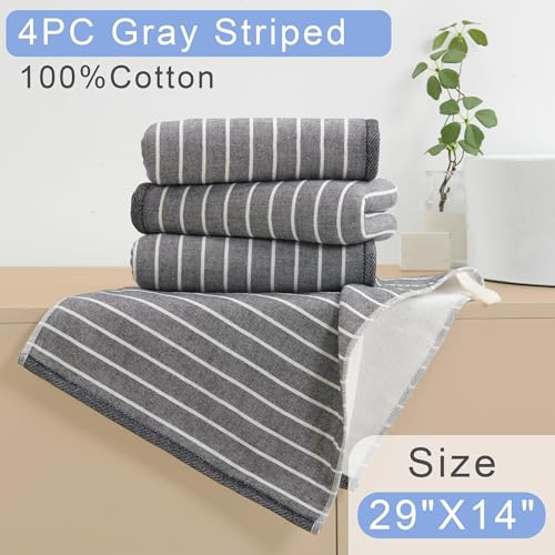 VOOVA & MOVAS Black Striped Hand Towels 4 Pack, 100% Cotton, 13x28 in | Versatile for Bathroom Daily Use, Hanging Loops, 450GSM, Ultra Absorbent & Quick Dry, Black Base with White Stripes - color: Black Stripe