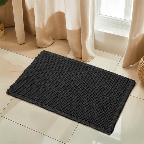 SUBRTEX Waffle Braided Bath Mat, 24" x 36" Soft Waffle Bath Rugs, Absorbent Non Slip Bathrooom Mats, Machine Washable Area Rug for Bathroom, Quick Dry, Black - color: Black Waffle, size: 24" x 36" (Rectangular)