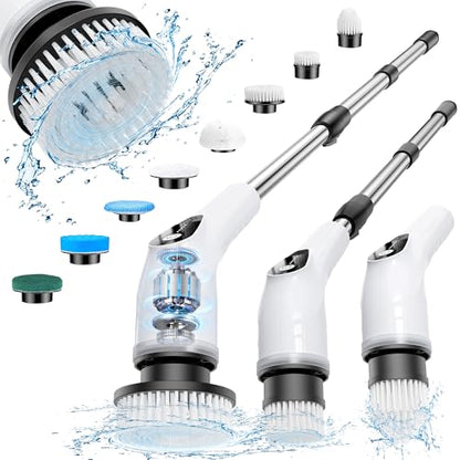 Electric Spin Scrubber, Cordless Cleaning Brush with 8 Replaceable Heads, Five-Speed Power Scrubber with Adjustable Handle for Bathroom, Tub, Floor, Tile & Car – Clean Without Bending