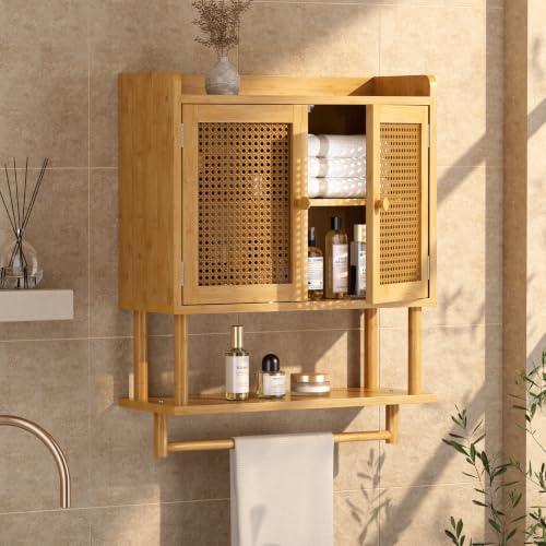 AmazerBath Bathroom Wall Cabinets, Bamboo Medicine Cabinet with Rattan Door, Large Over The Toilet Storage Cabinet with Towel Bar, Wall Mounted Cabinet with Adjustable Shelves for Small Spaces - color: Natural With Rattan Weaving Door, size: 21.3" W x 26.