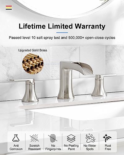 Brushed Nickel Widespread Bathroom Faucet, 2 Handles Waterfall Faucet, Bathroom Faucets for Sink 3 Hole, 8 Inch Solid Brass Bathroom Sink Faucets for Vanity Lavatory Restroom with Pop Up Drain - color: Brushed Nickel, style: WITH Pop Up Drain