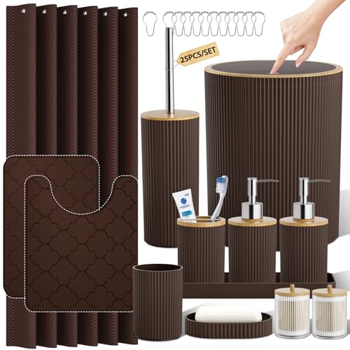 Brown and Wooden Bathroom Accessories Set, 25PC Bathroom Accessory Sets, Bathroom Sets with Push Top Trash Can, Shower Curtain and Rugs, Toilet Brush, Trash Can & Soap Dispenser - color: Brown & Wood, size: Bath Set&Shower Curtain&Bath Rugs