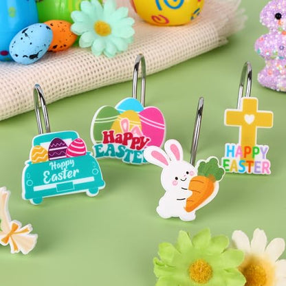 12Pcs Shower Curtain Hooks Hangers Decorative Metal Rustproof Bathroom Room Pendants Decor Accessories with Bunny Happy Carrot Flower Chick Rabbit Stainless Curtains Rings