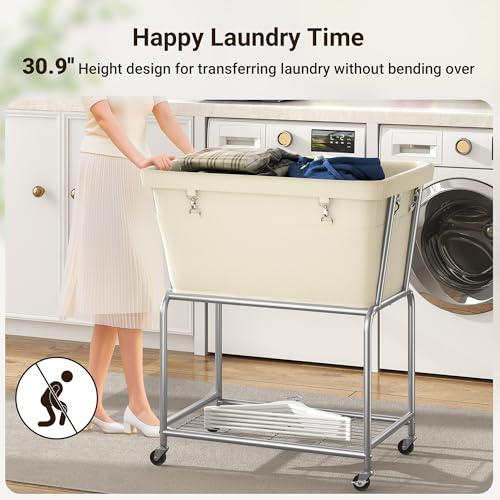ELYKEN Rolling Laundry Hamper with Wheels, Removable Bag, Laundry Cart | 32-Gallon (122L), 2-Tier Clothes Basket with Shelf, Metal Frame, Ideal for Closet, Bedroom, Bathroom & Laundry Room, Cream - color: Cream, size: 27.4"L x 19.9"W x 30.9"H