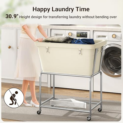 ELYKEN Rolling Laundry Hamper with Wheels, Removable Bag, Laundry Cart | 32-Gallon (122L), 2-Tier Clothes Basket with Shelf, Metal Frame, Ideal for Closet, Bedroom, Bathroom & Laundry Room, Cream - color: Cream, size: 27.4"L x 19.9"W x 30.9"H